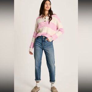 1051. Striped knit collared Henley knit top pink